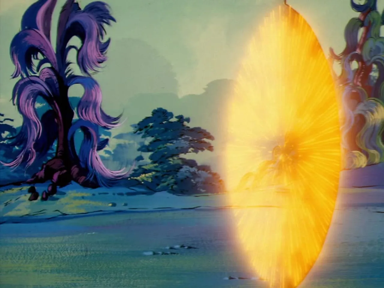 A radiant oval of golden light glows beside twisted purple trees in the Whispering Woods.