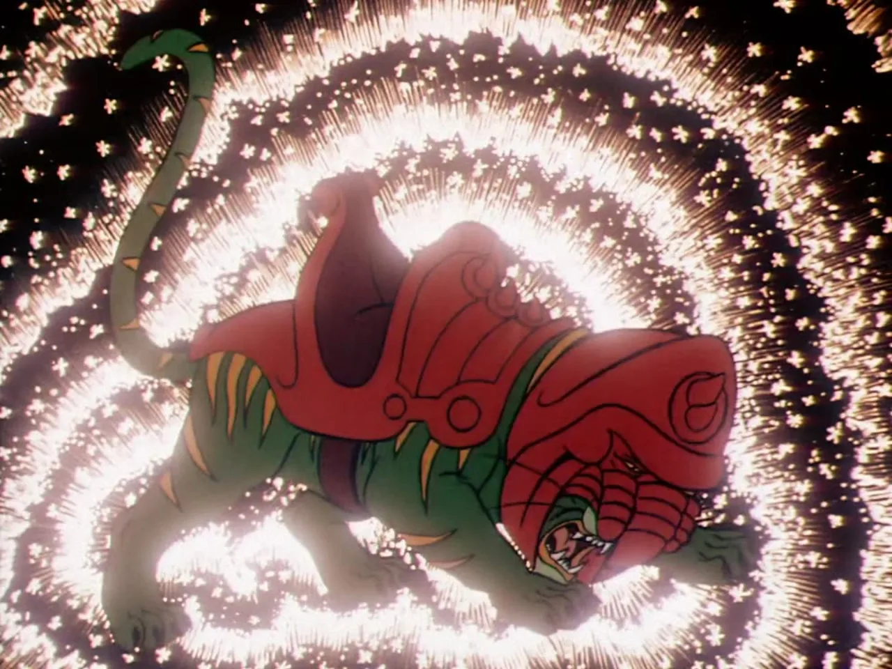 Battle Cat leaps mid-air surrounded by a sparkling ring of magical light.
