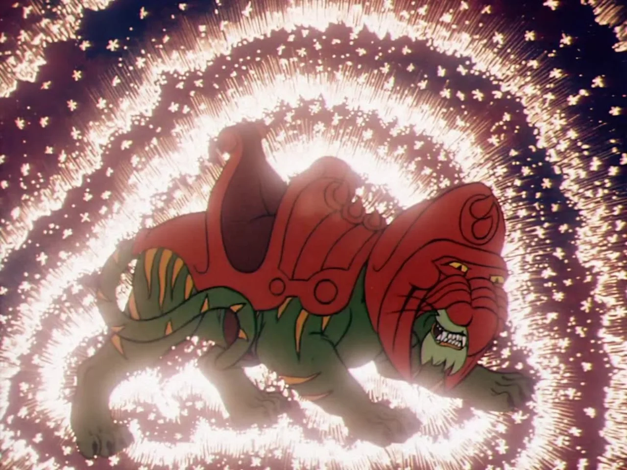 Battle Cat crouches low, roaring, amid a swirling burst of sparkling light.
