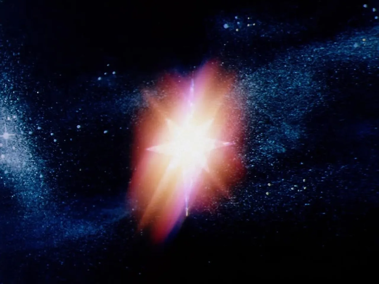 A brilliant multi-pointed star bursts amid drifting cosmic dust and distant stars.