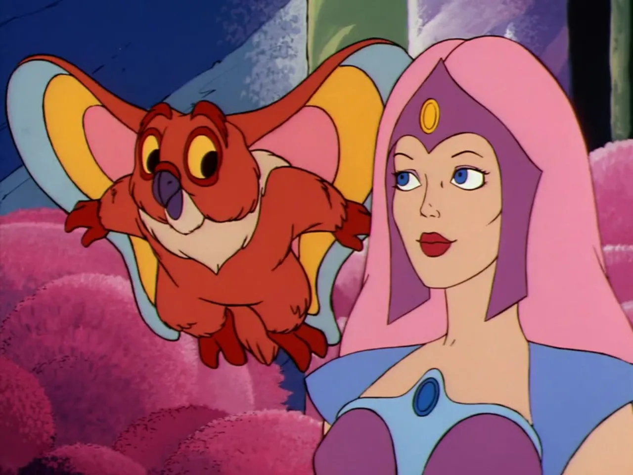 Kowl flutters beside Castaspella amid the pink puffball trees of the forest.