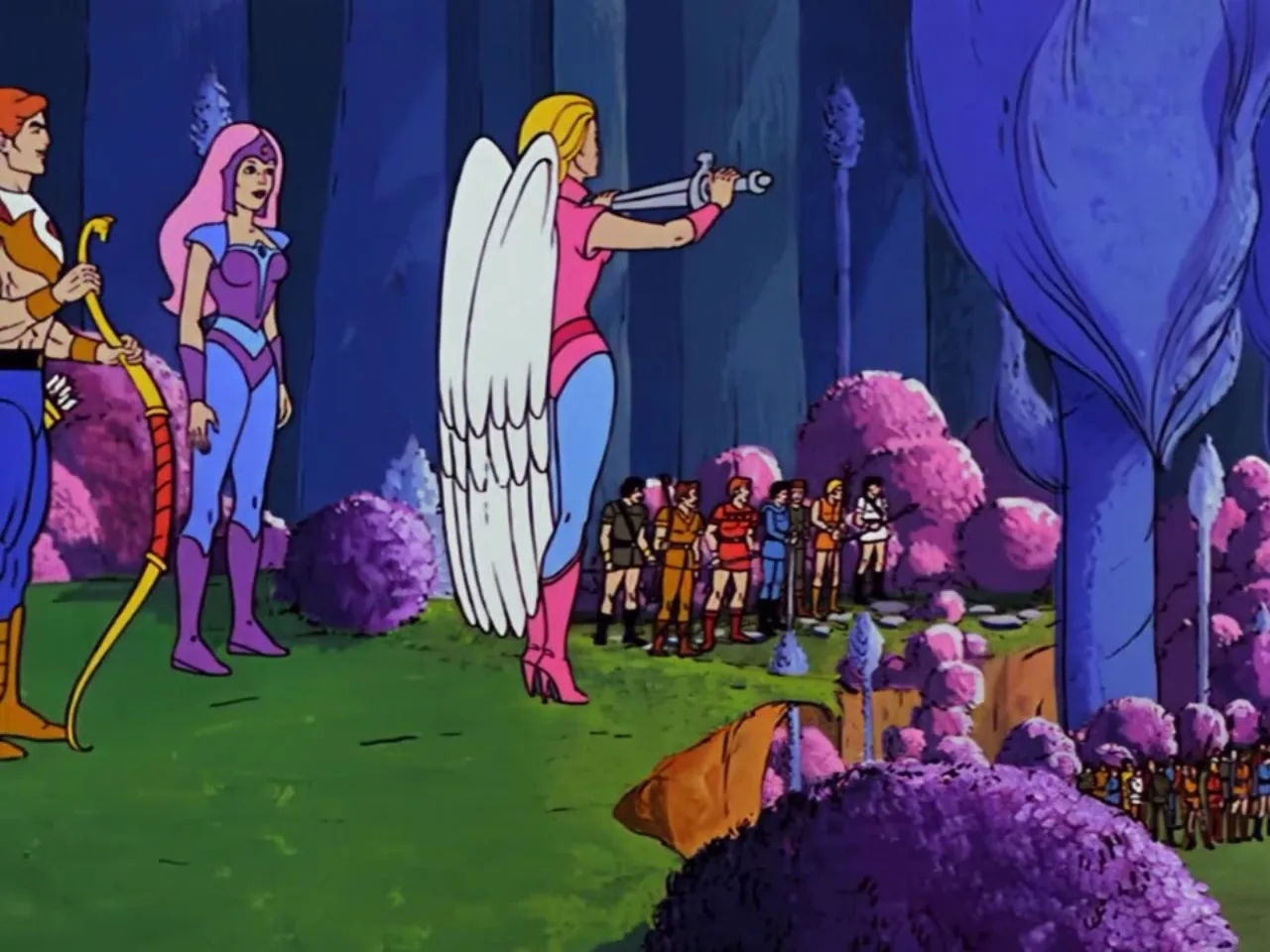 A winged woman aims a device skyward while Bow and Castaspella stand beside a line of assembled rebels in the forest.