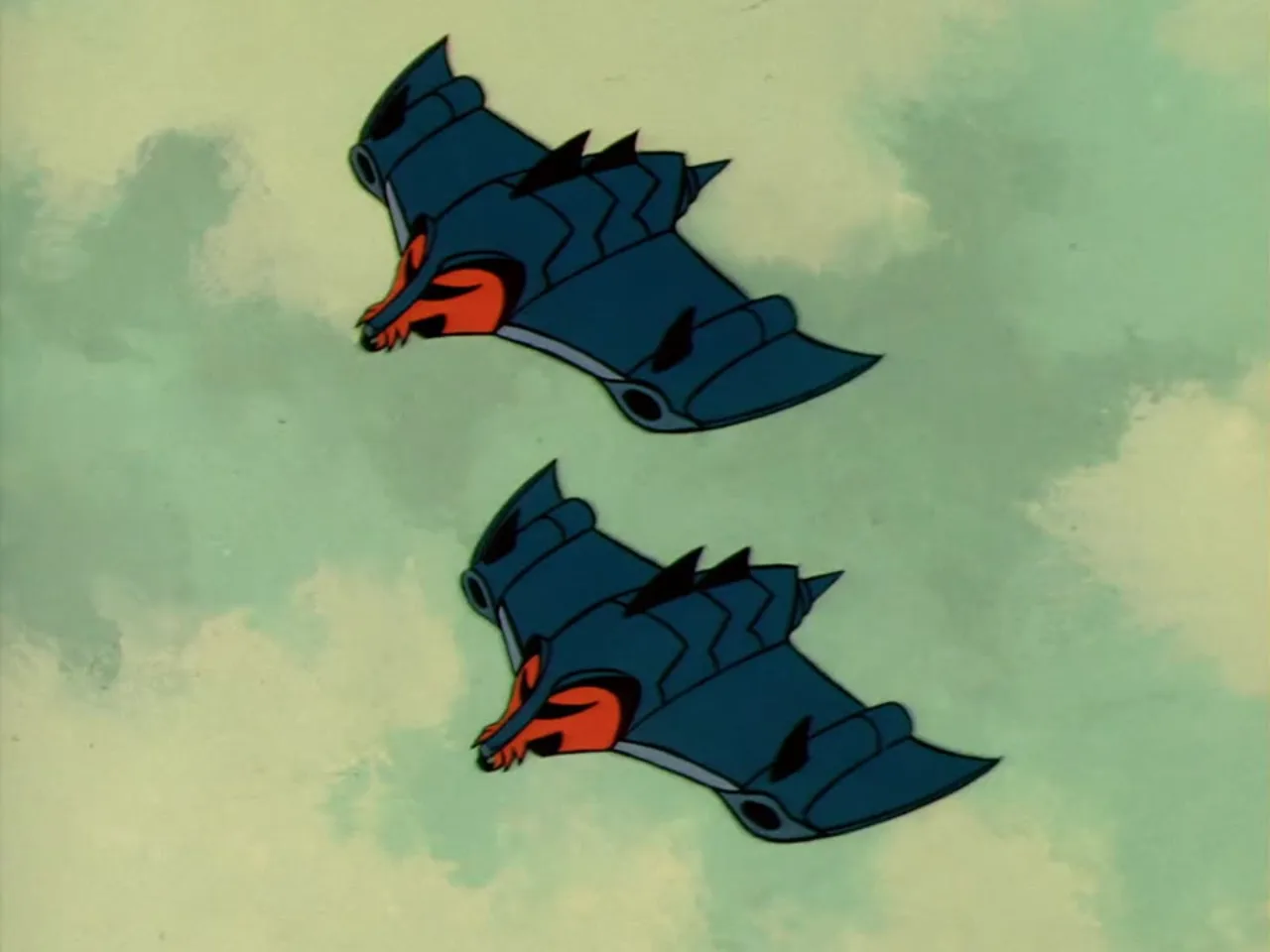 Two bat-winged Horde attack jets soar in formation through a hazy green sky.