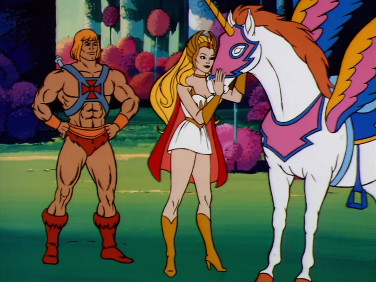 He-Man watches as She-Ra affectionately strokes Swift Wind's nose in the forest clearing.
