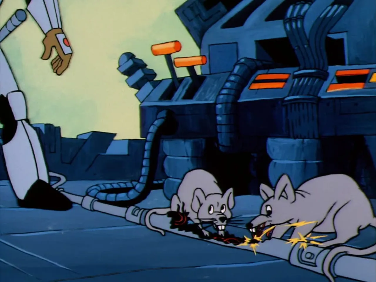 Two mice gnaw through exposed wiring beneath a large mechanical device as a robotic hand reaches down.
