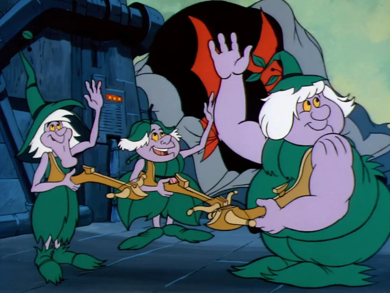 The small imp creatures wave cheerfully as a bat-winged silhouette looms in a cave opening behind them.