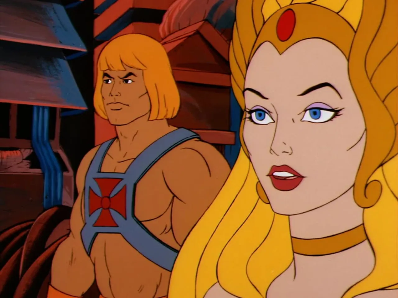 He-Man stands behind She-Ra as both look ahead intently amid industrial pipework.