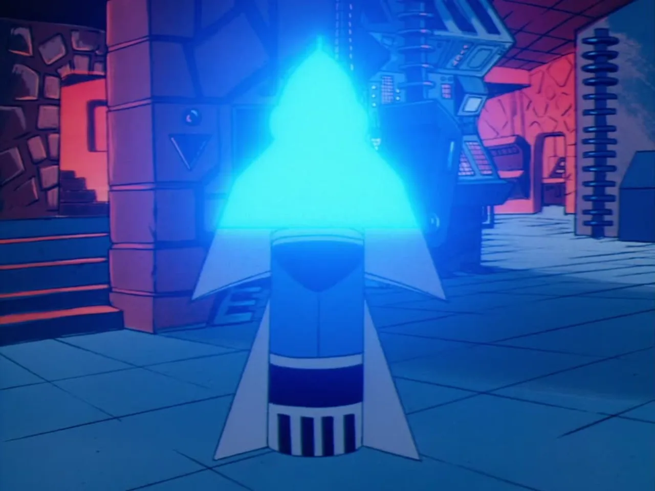 A glowing blue energy silhouette rises above the sword of protection planted in the floor of a dark techno-magic chamber.