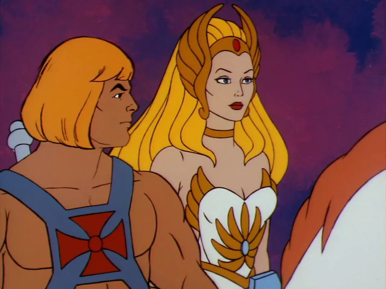 He-Man and She-Ra stand close together in profile against a purple sky as a large figure looms in the foreground.