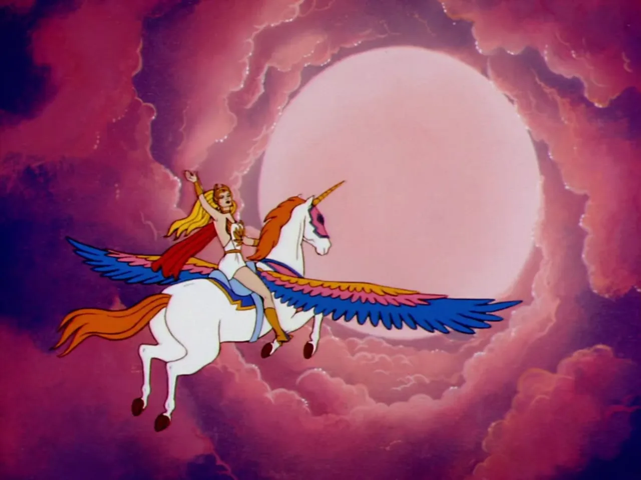 She-Ra rides Swift Wind in flight with wings spread wide against a huge glowing pink moon amid swirling clouds.