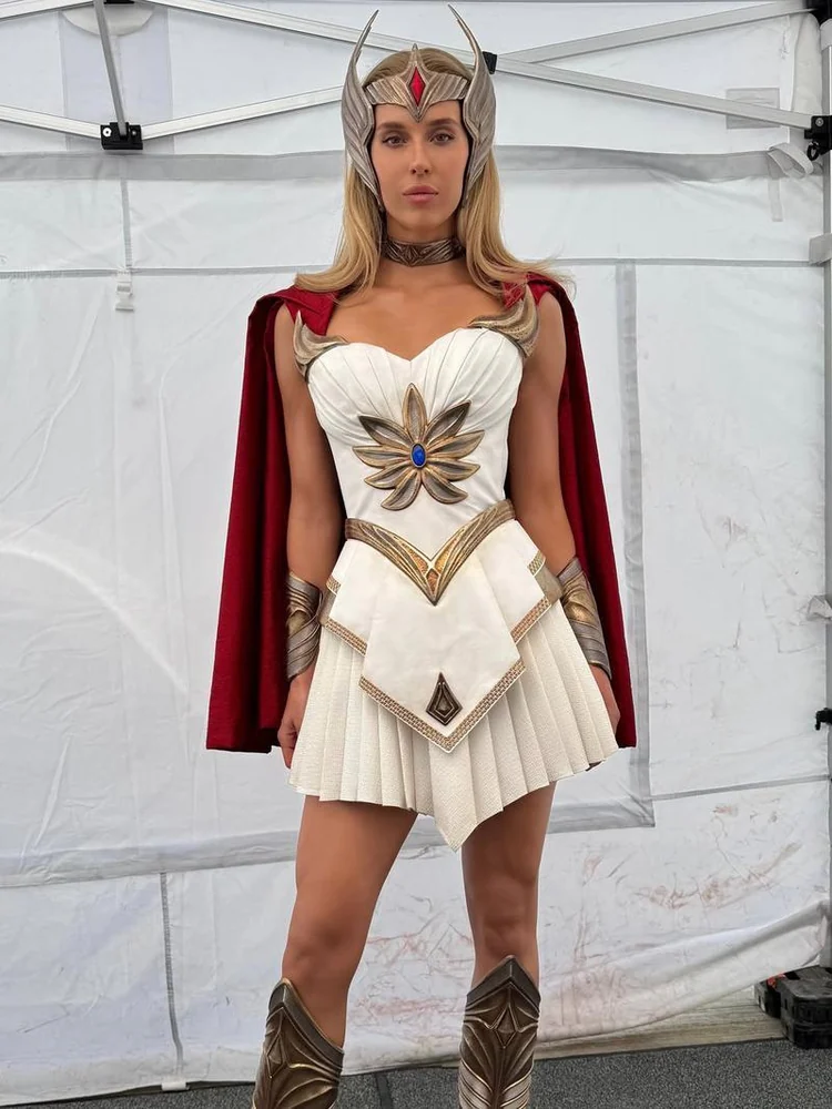 Lauren Saliu in the full She-Ra costume, front view, on location for Masters of the Universe (2026)