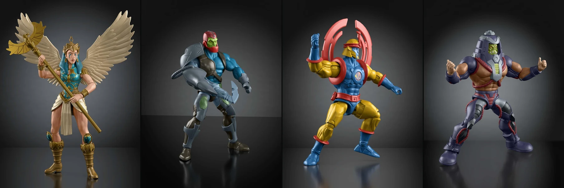 The first four MOTU Origins Cartoon Collection 200X figures. Product images: Mattel, via Amazon.