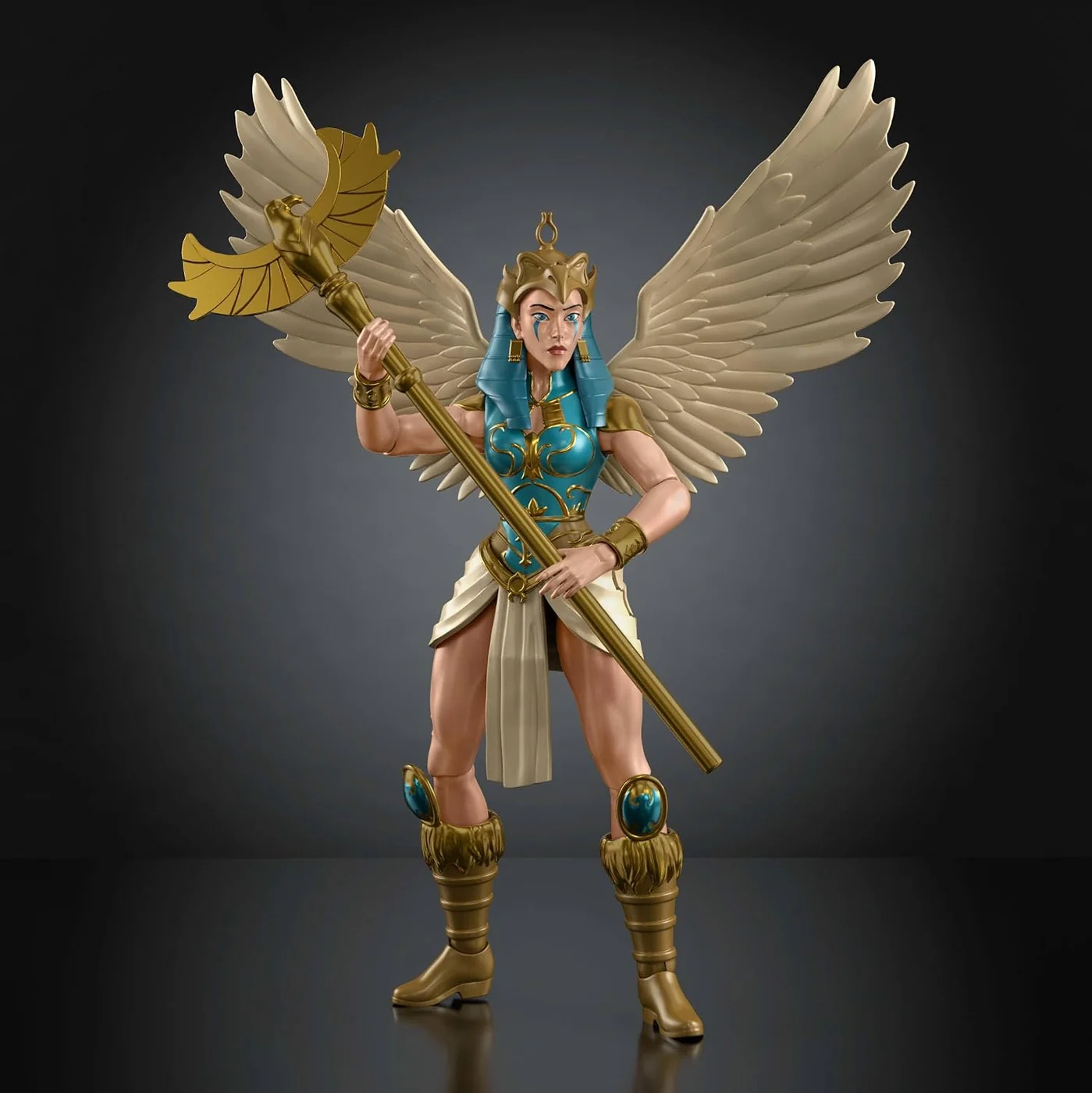 MOTU Origins 200X Sorceress action figure with gold winged staff and full feathered wings