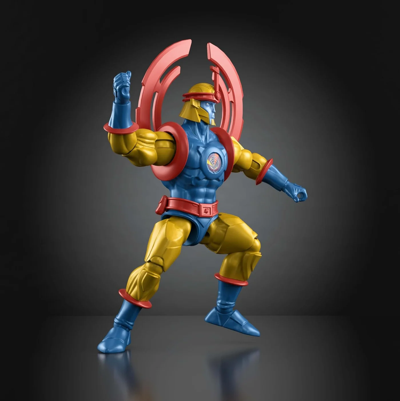 MOTU Origins 200X Sy-Klone action figure in blue and gold with red shield and ring accessories