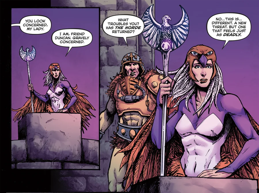 The Sorceress of Castle Grayskull, in her falcon headdress and feathered cloak, standing on the battlements with Duncan in his armour beside her. Speech balloons read "You look concerned, my lady", "I am, friend Duncan. Gravely concerned" and "What troubles you? Has the Horde returned?"