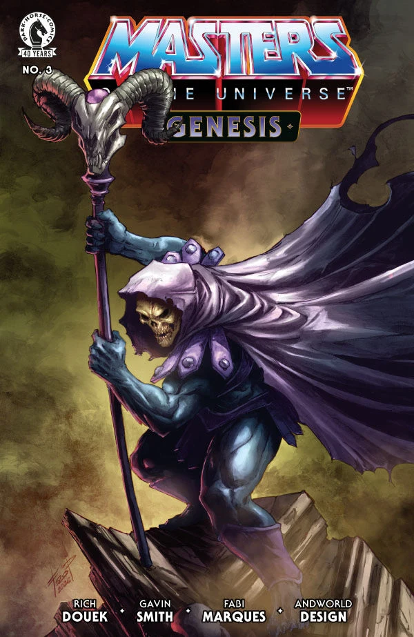 The variant cover for Masters of the Universe: Genesis #3 by Fero Peniche, showing Skeletor hooded in purple, climbing a rock face and holding a staff topped with a ram's skull.