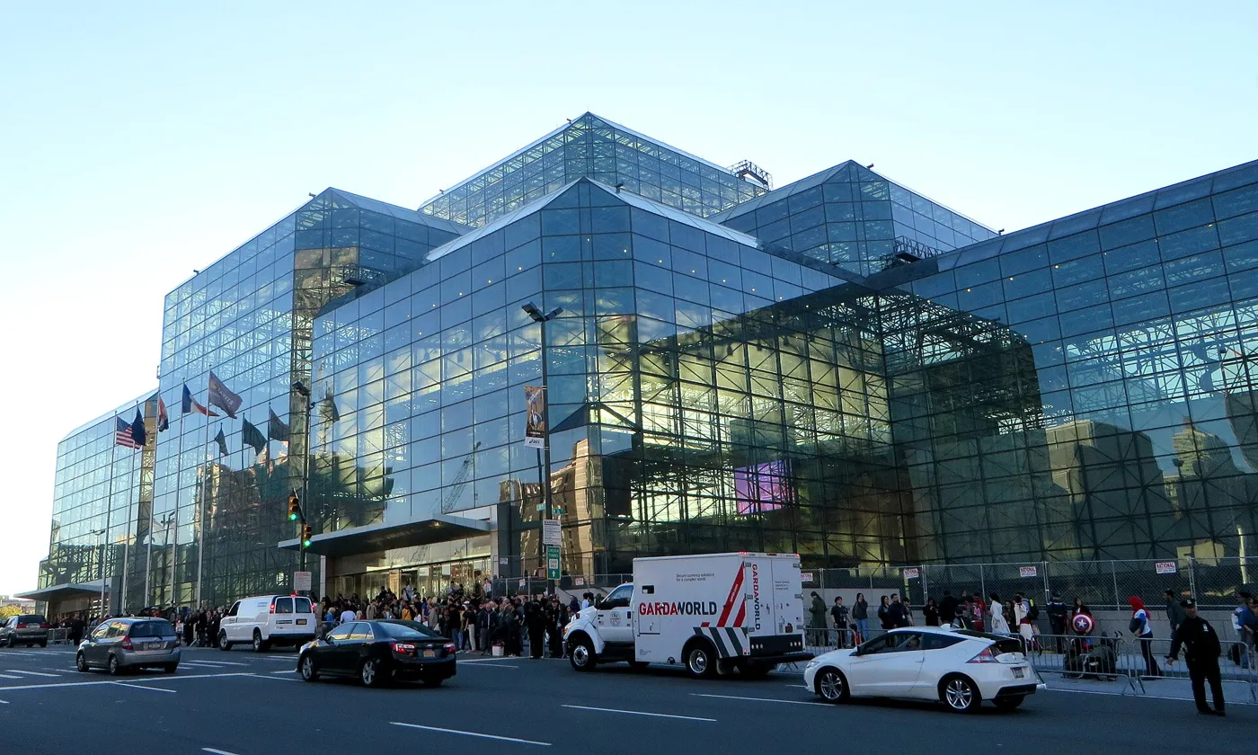 The glass front of the Javits Center in New York City, where New York Comic Con is held