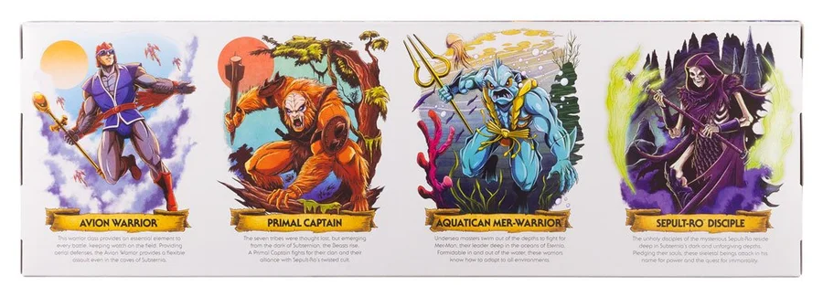 The box back panel, carrying four painted character illustrations in gold banners: Avion Warrior over clouds, Primal Captain in a jungle, Aquatican Mer-Warrior underwater and Sepult-Ro Disciple against green fire.
