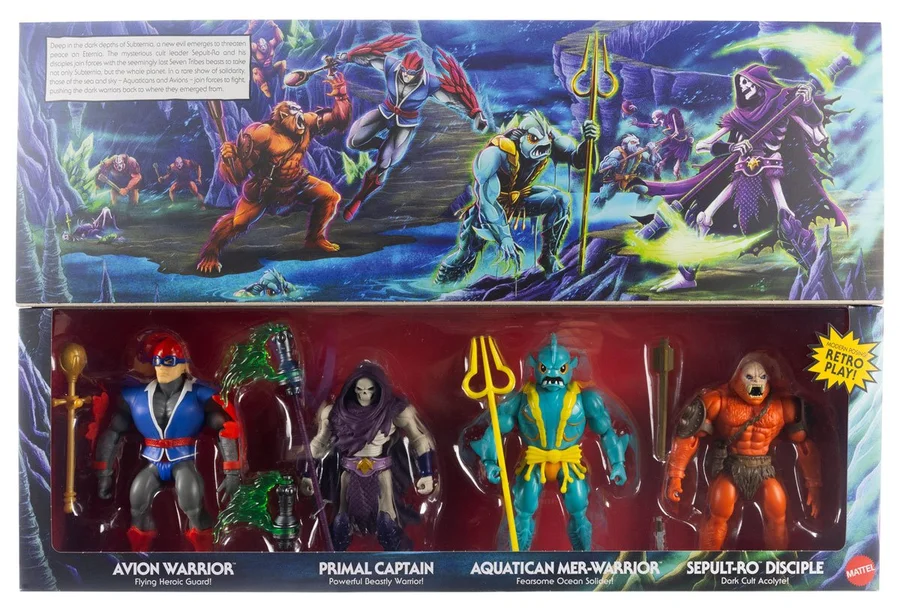 The Battle for Subternia box front, with the cavern battle artwork across the upper panel and the four figures in a red window tray beneath it, each slot captioned with a name.
