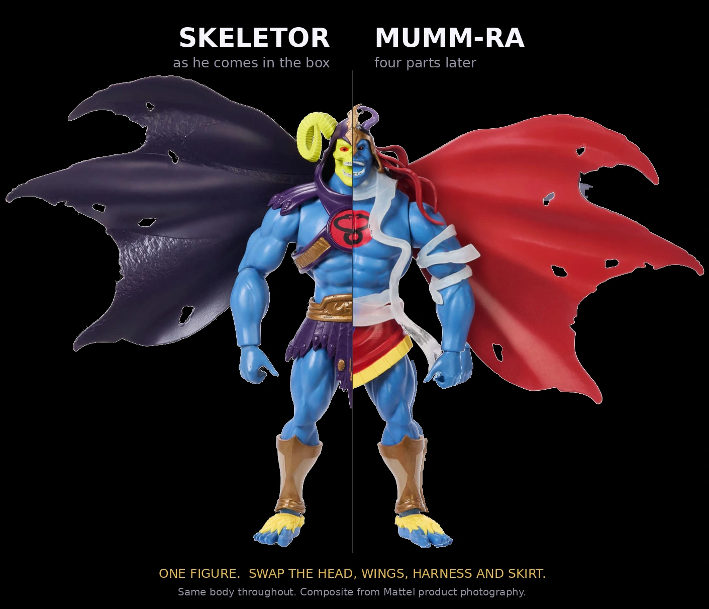 One figure, split down the centre. Left half Skeletor, right half Mumm-Ra. Four swapped parts separate them. Composite by heman.org from Mattel product photography.