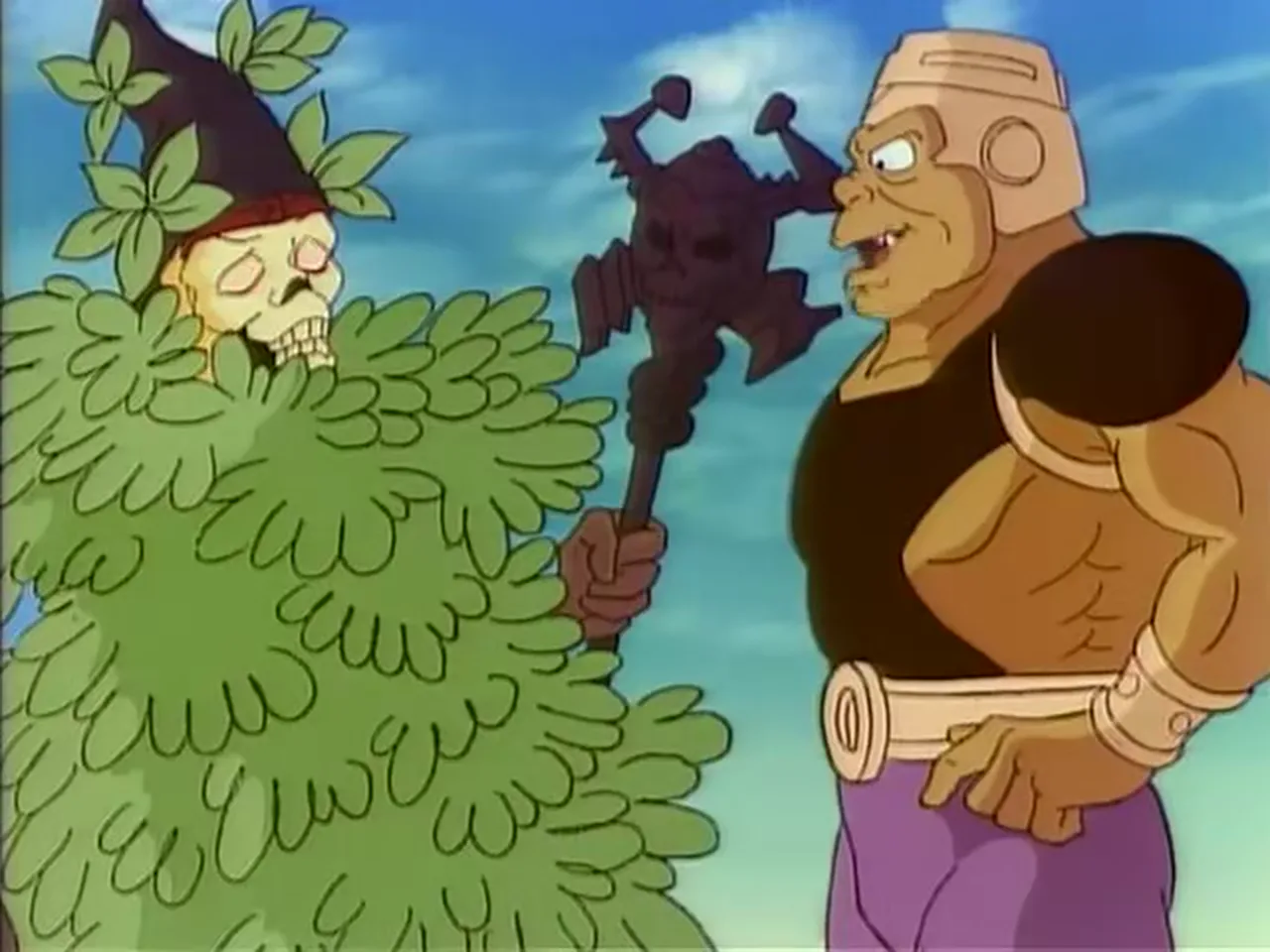 The giant speaks to leaf-cloaked Skeletor, who shuts his eyes and holds his staff.