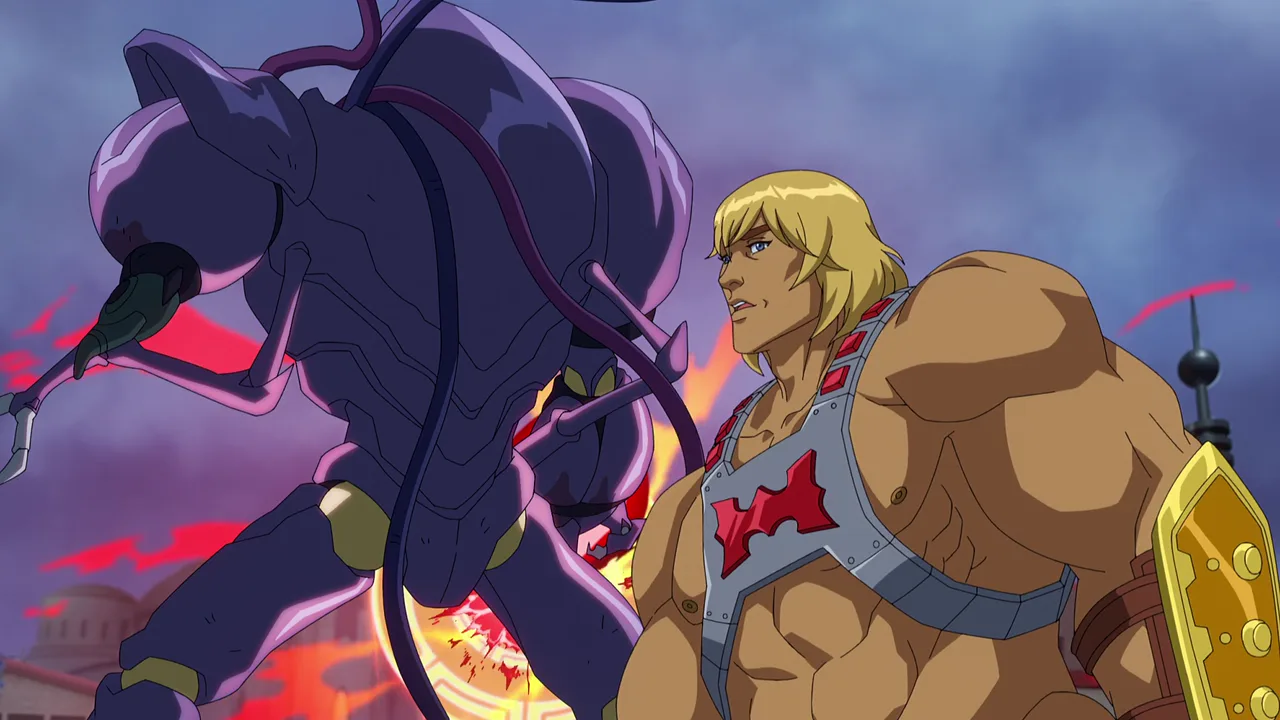 He-Man stands near a Techno-Titan swinging a claw as red fire flares.