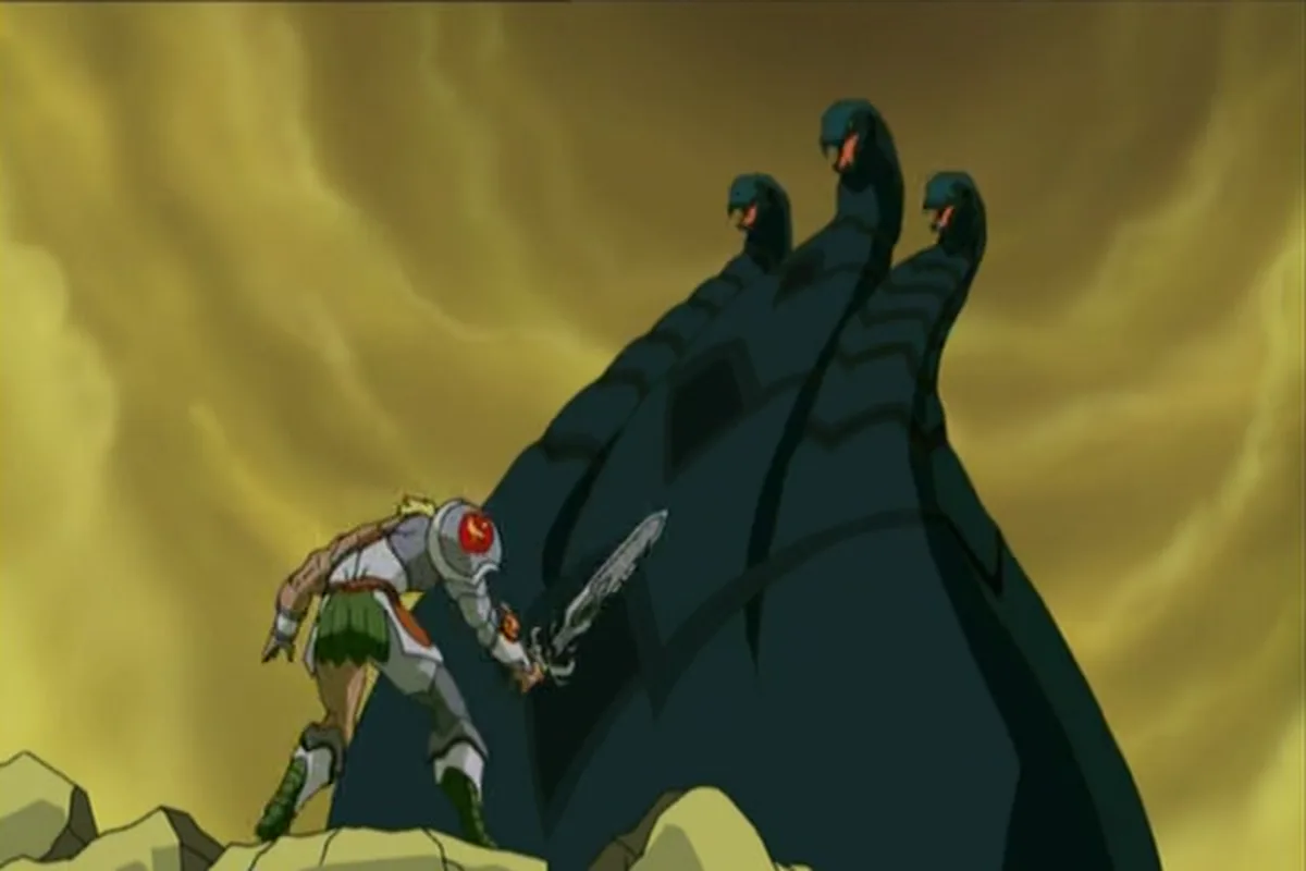 He-Man crouches with his sword as Serpos towers over him.