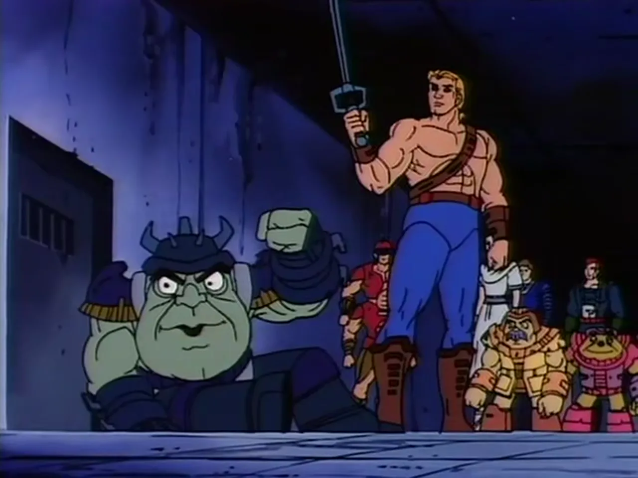 He-Man raises his sword as the Gleanon crouches before him, fist clenched.