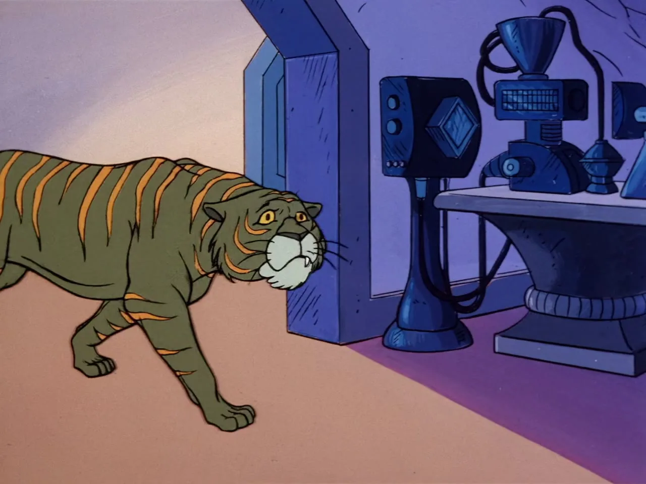 Cringer stands with his front paws stuck to the floor by a glowing magical substance as sparks scatter around them.