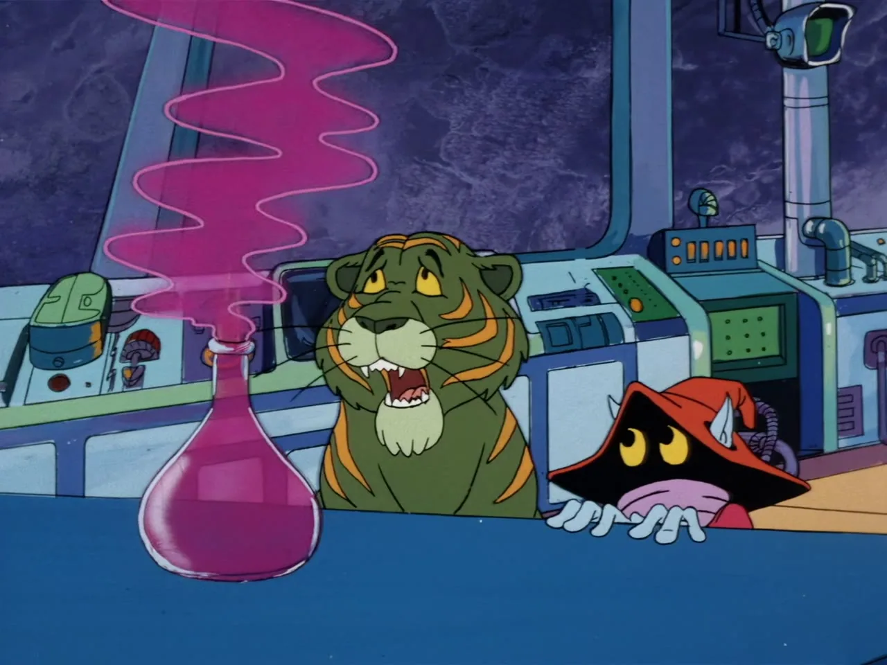 Cringer peers over the workshop bench while Orko peeks from the side, a pink smoke spiral rising from a beaker between them.