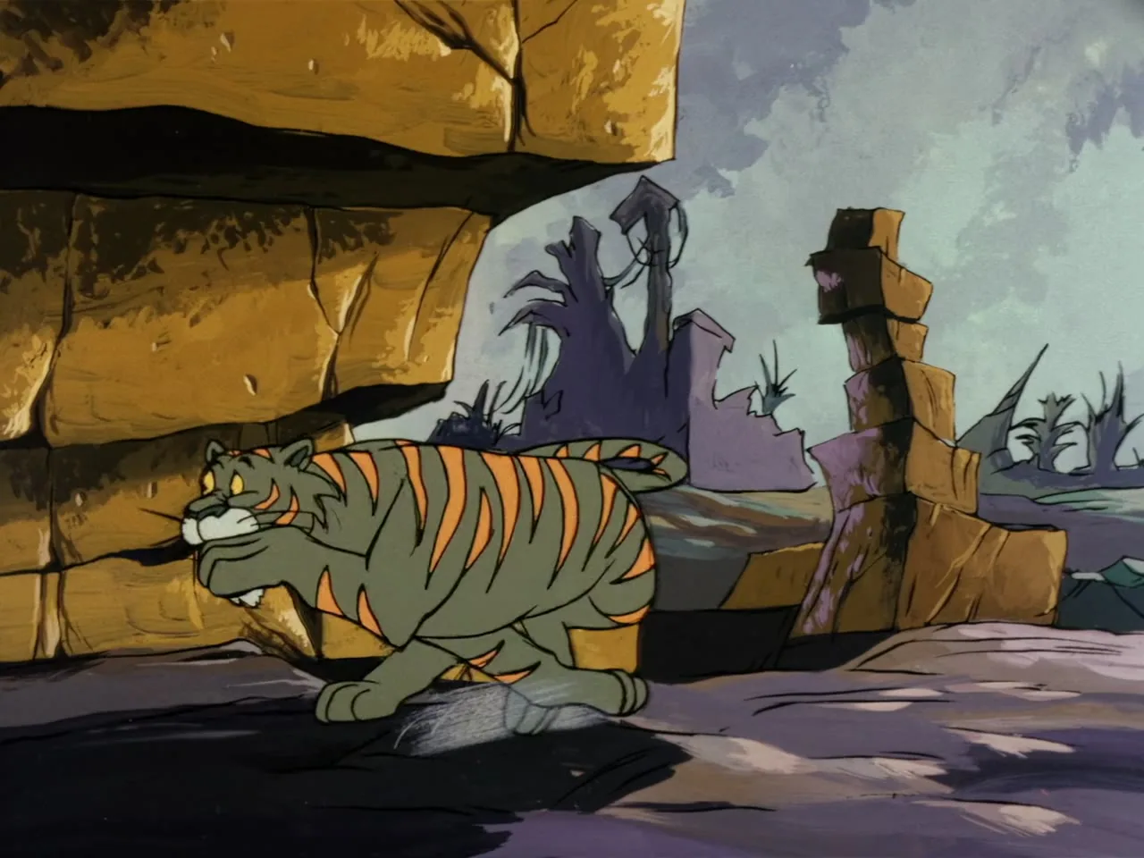 Cringer runs across a rocky plain past ruined stonework, no armour visible.