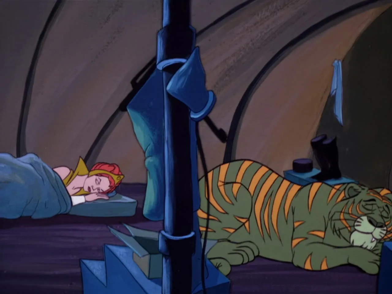 Cringer lies curled up asleep on the right side of a tent while Teela sleeps on a cot to the left.