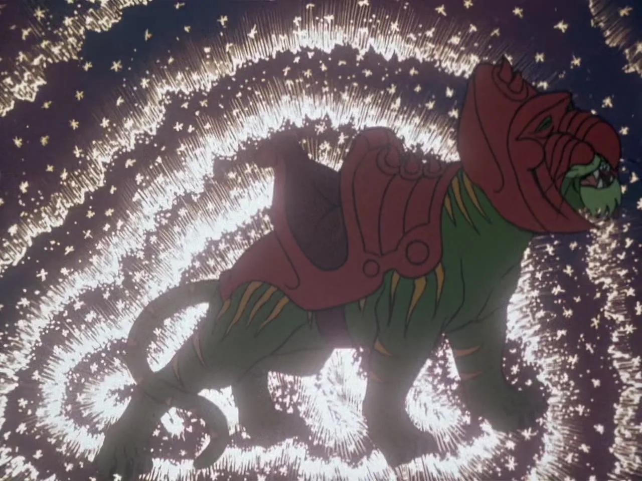 Battle Cat stands fully armoured in the Vine Jungle, red helmet and saddle clearly visible, snarling.