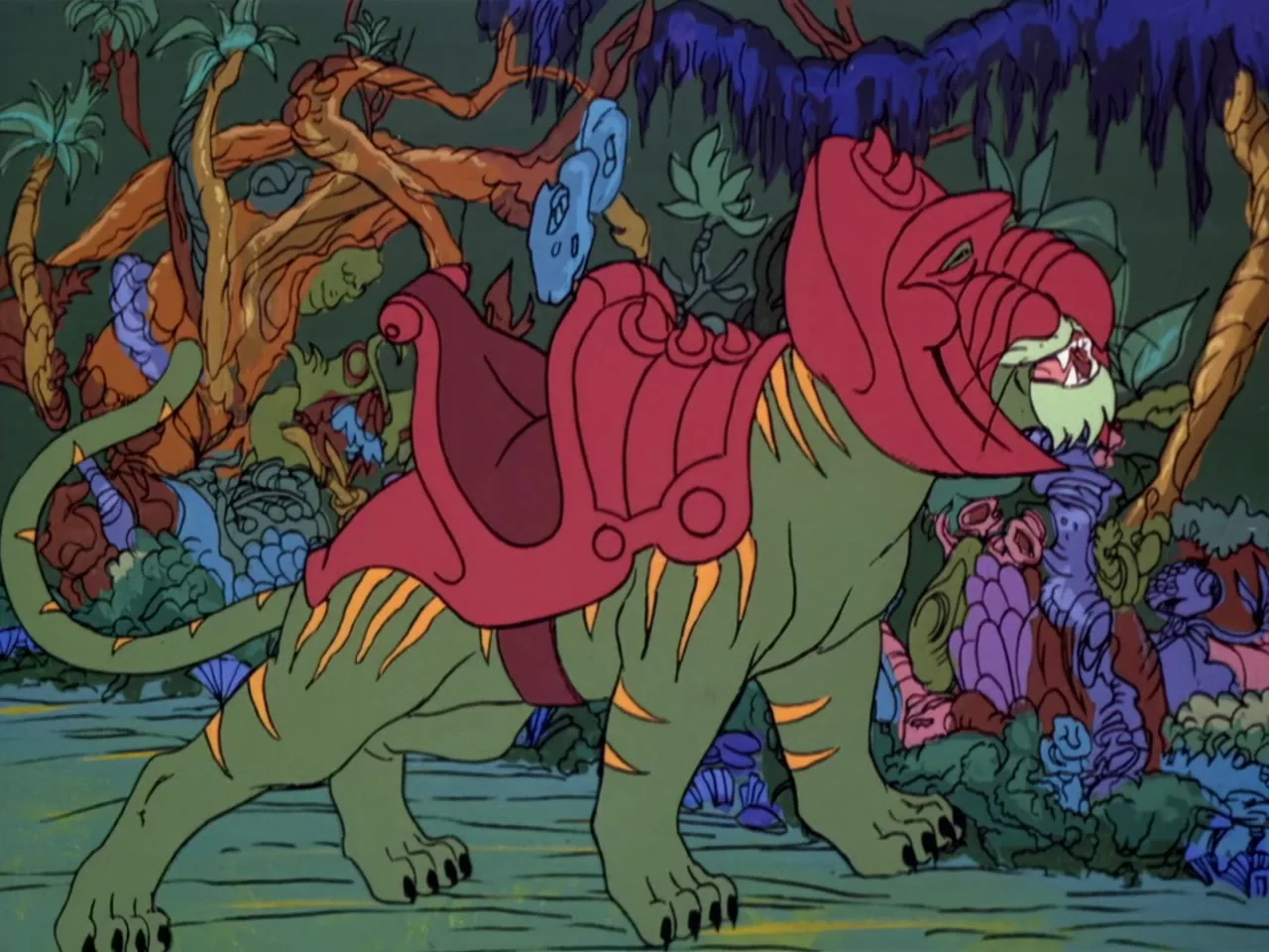 Battle Cat prowls through the Vine Jungle in full armour, mouth open in a snarl.