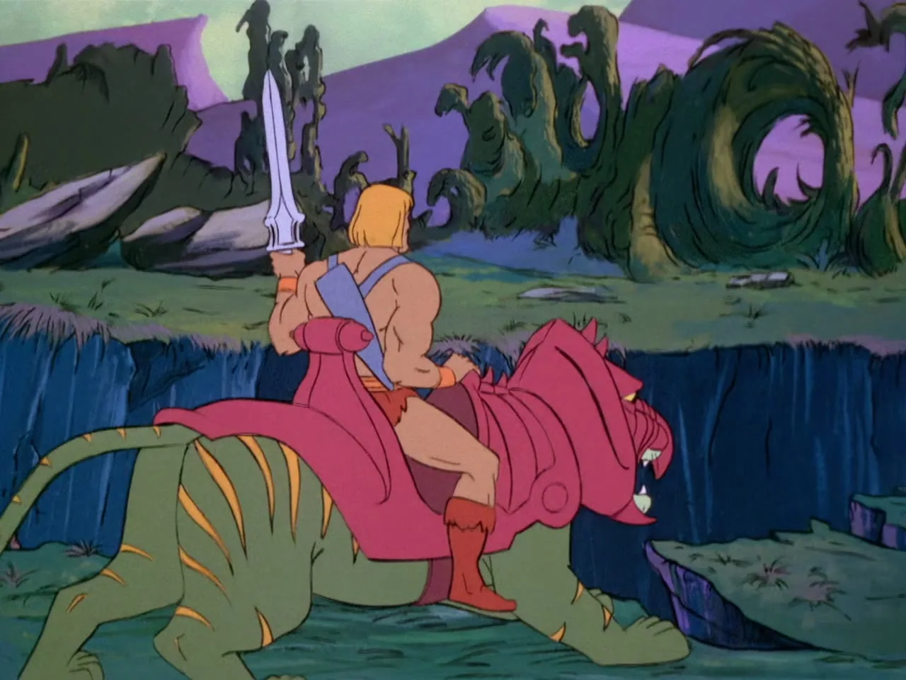 He-Man rides Battle Cat across rocky Eternian terrain, Power Sword raised, as they face the creature.