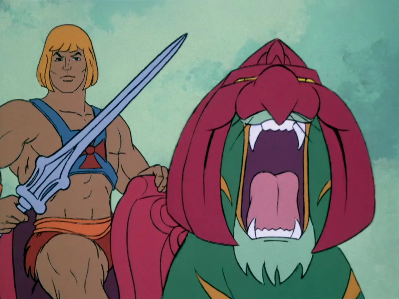 Battle Cat roars with jaws wide open as He-Man rides him, sword in hand.