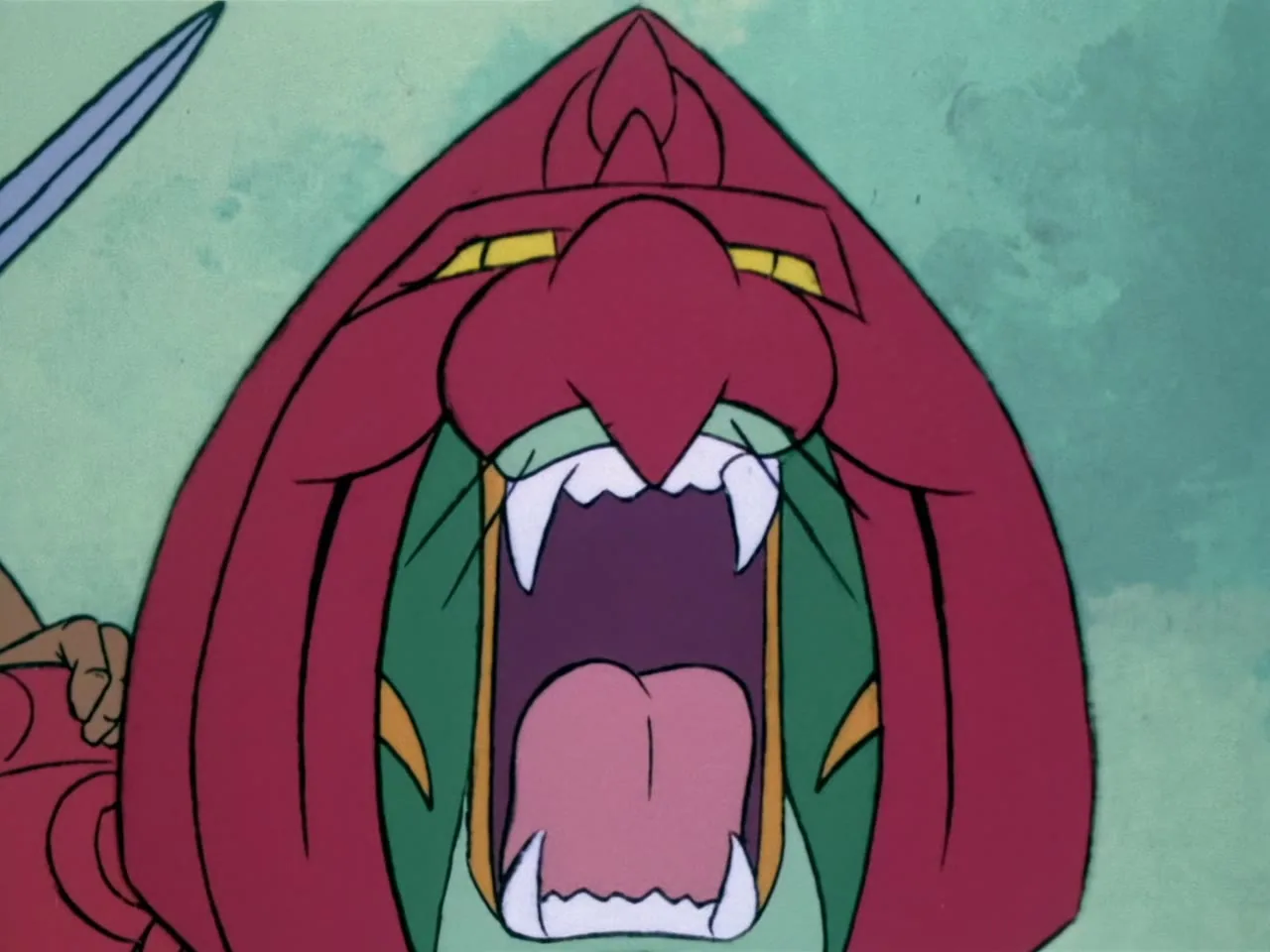 Battle Cat's helmeted head fills the frame as he snarls with mouth wide open.