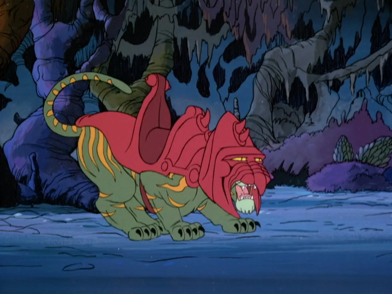 Battle Cat crouches alone in the cavern, red helmet and saddle clearly visible, snarling with jaws open.