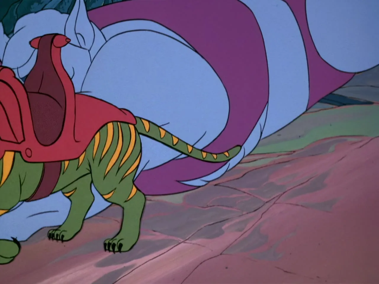 Battle Cat in full red helmet and red saddle stands at the foot of the large blue monster, dwarfed by it.