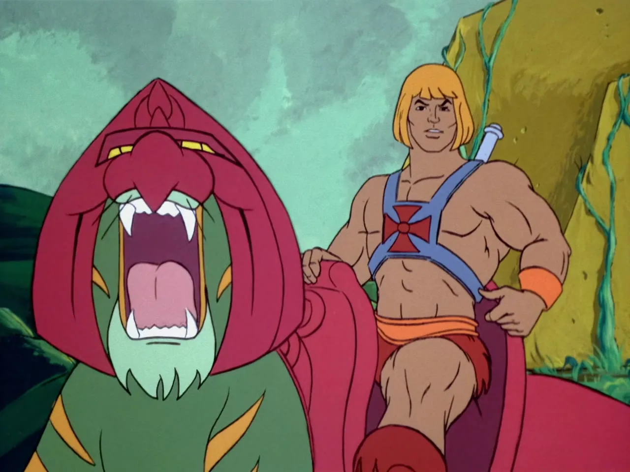 Battle Cat roars with his red-helmeted head turned toward camera while He-Man rides on his back.
