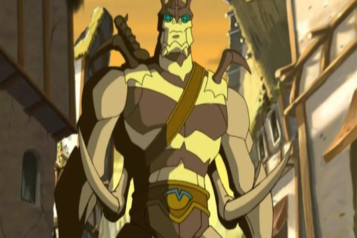 Buzz-Off strides down a ruined village street with his arms low