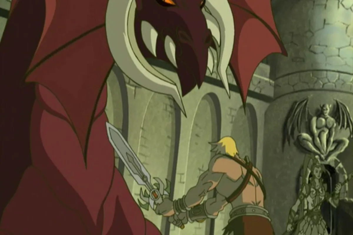 He-Man raises his sword as a dragon looms over him.
