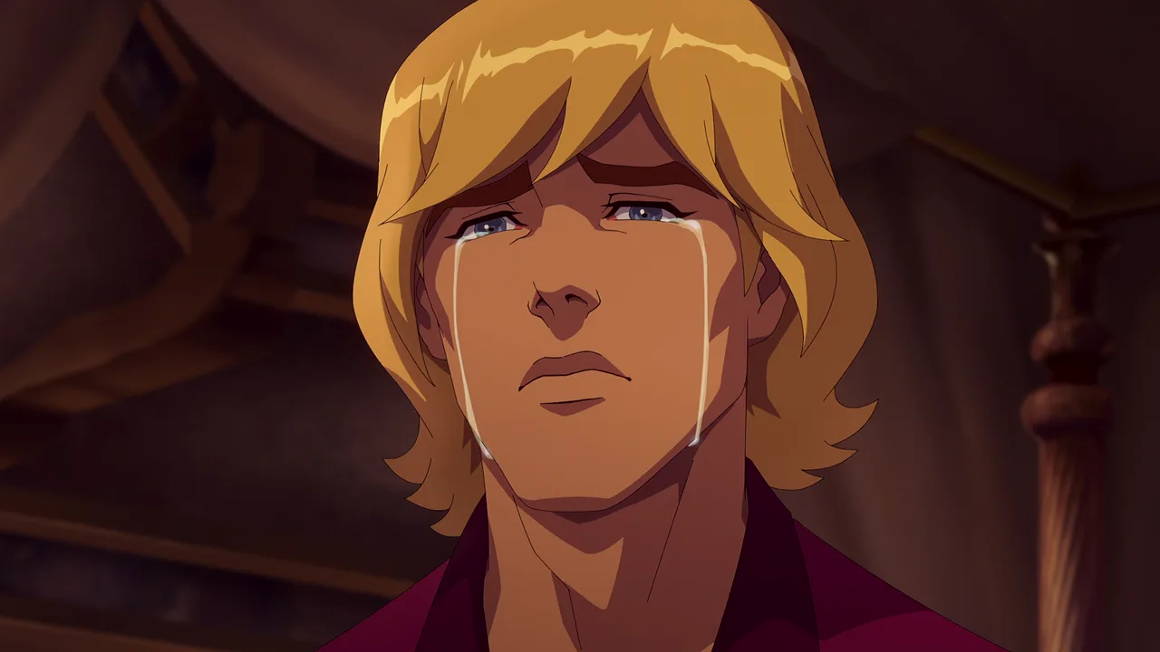 Adam weeps as tears run down his face, looking upward.
