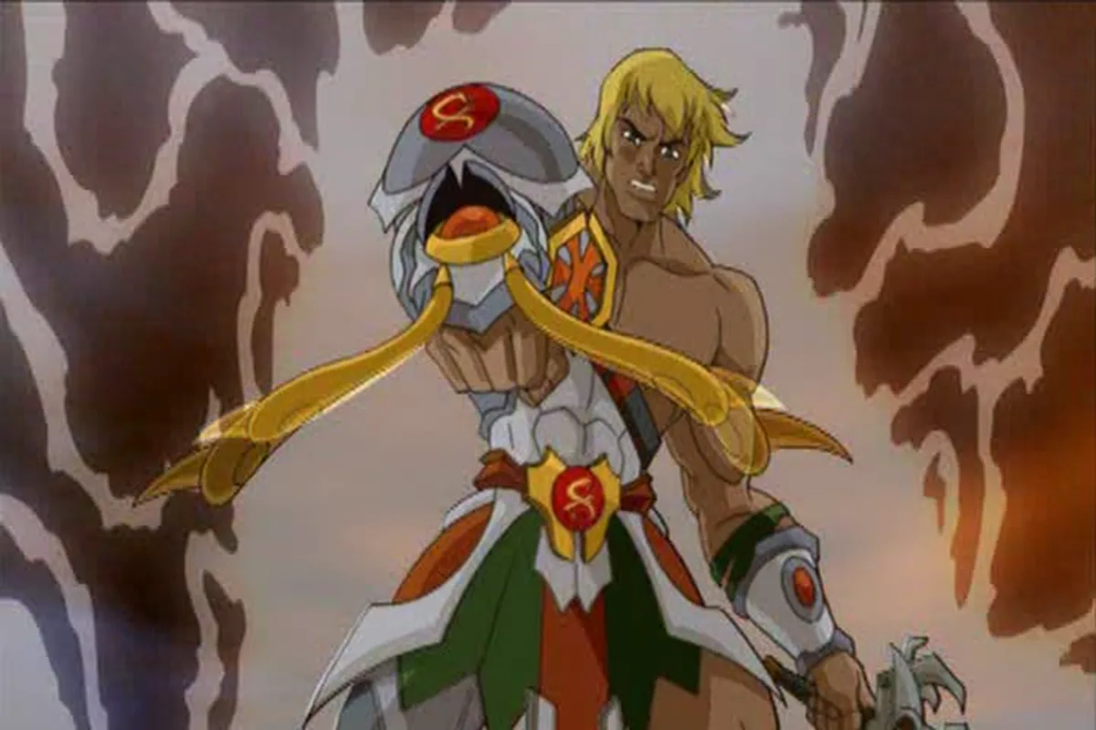 He-Man grins in silver snake armour amid crackling storm clouds