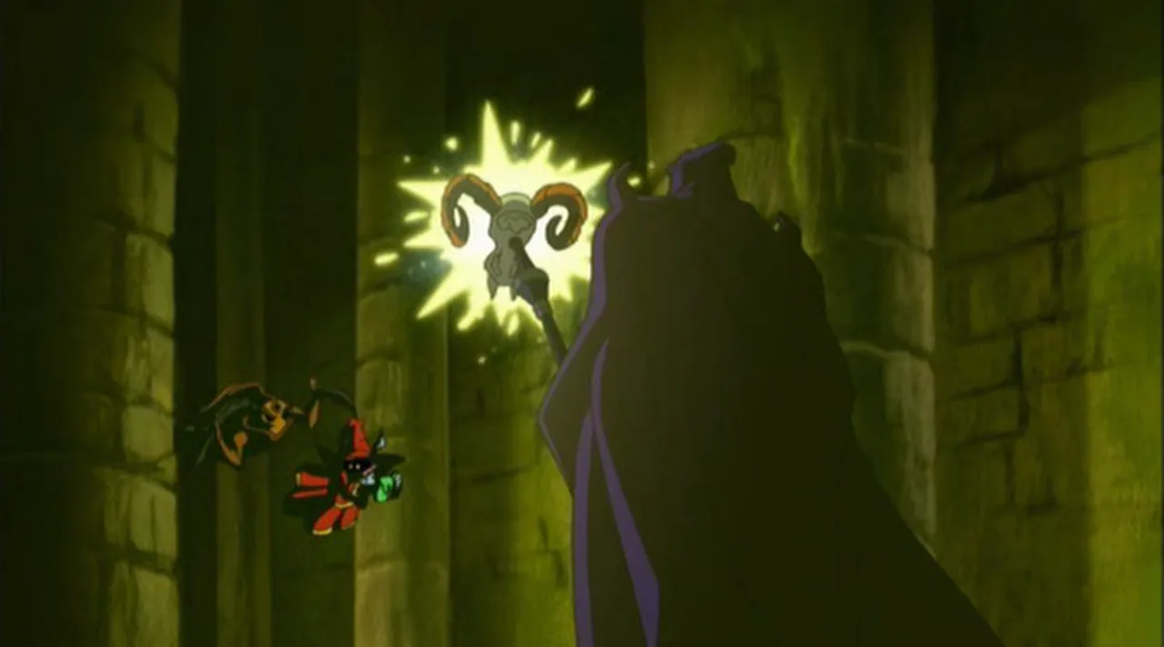 Skeletor fires a blast from his staff as Orko tumbles through the air.