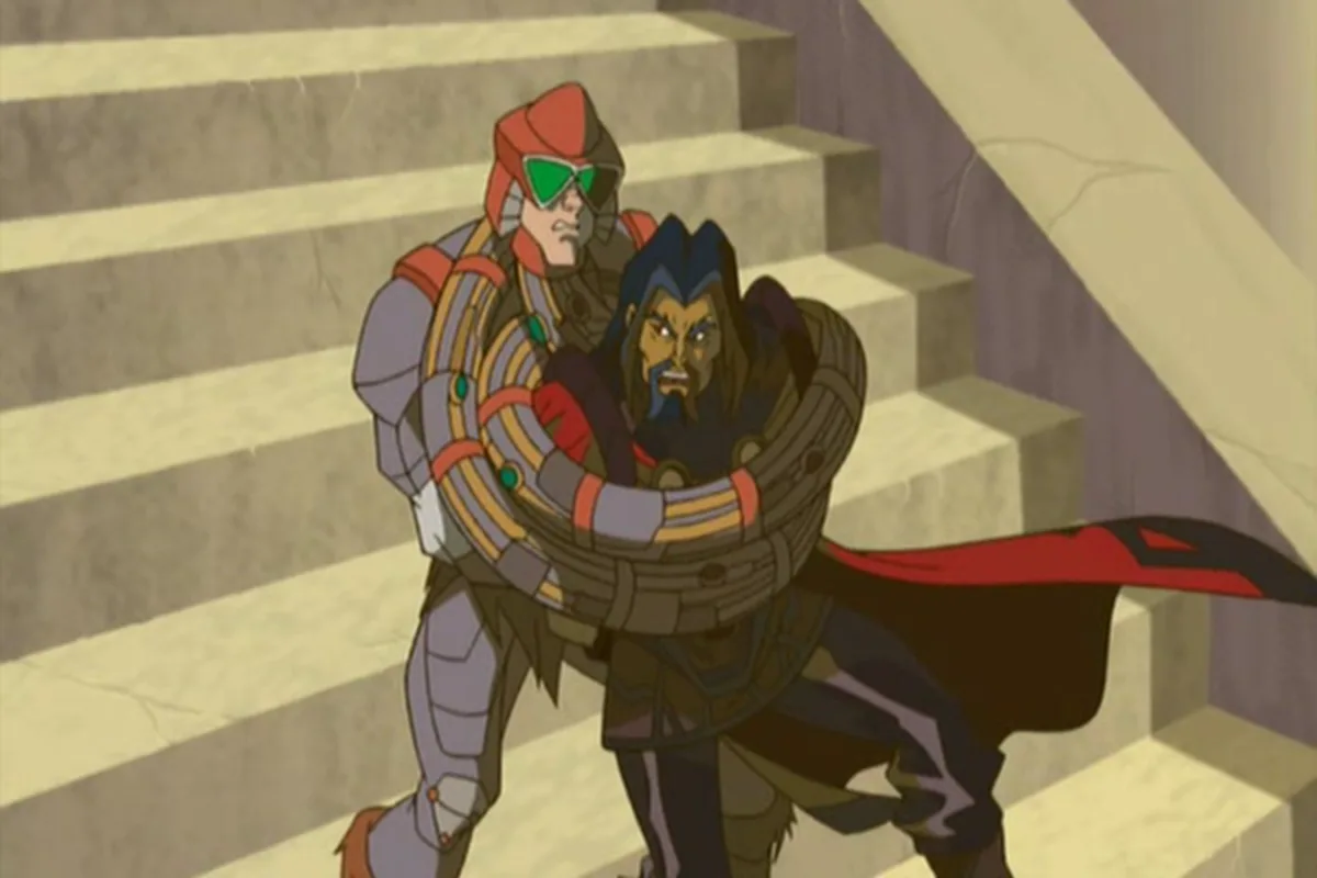 Mekaneck wraps his neck around the dark armoured man on the palace stairs