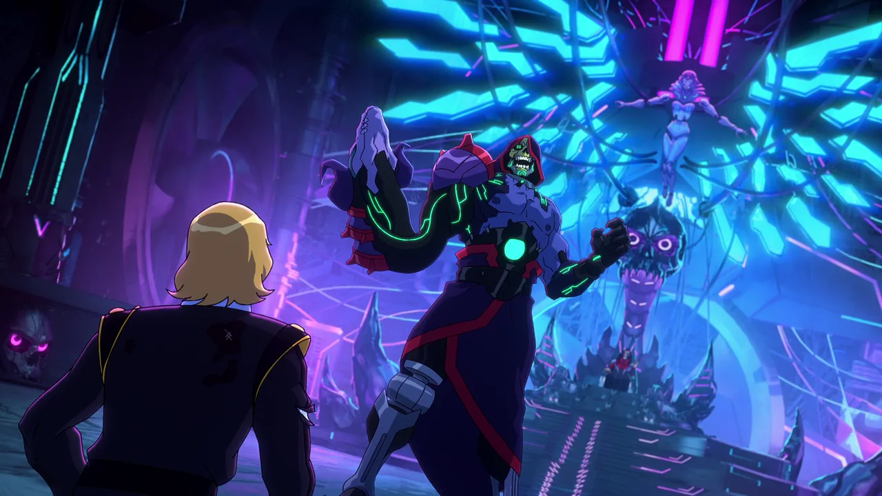 Skeletor faces a blond man in black beneath Motherboard's glowing blue wings.