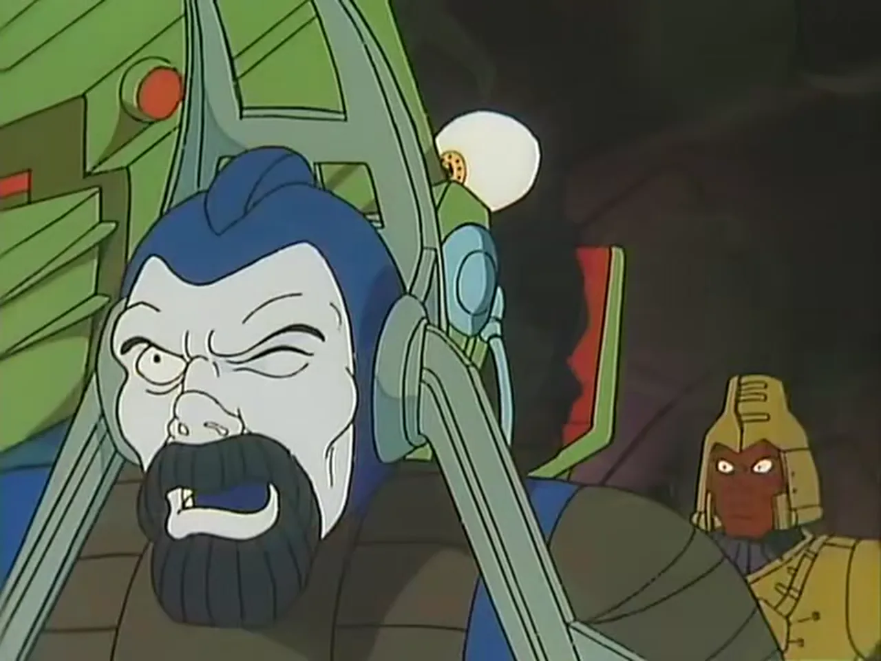 Staghorn grimaces with one eye shut inside a green gun mount as a gold-helmeted mutant watches.