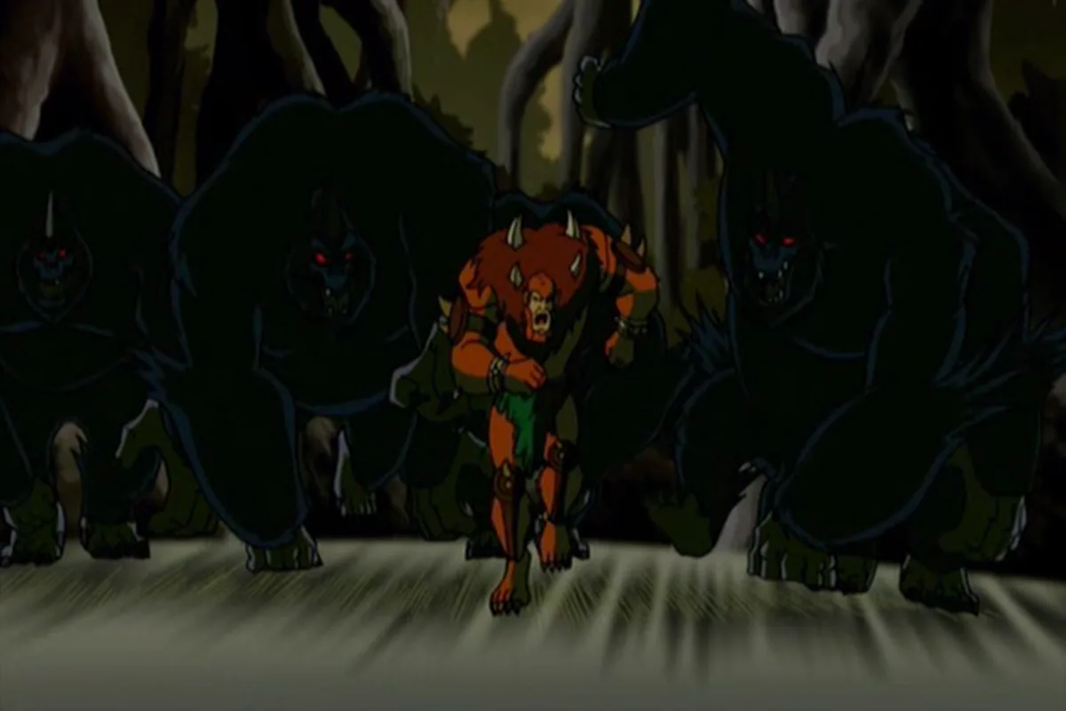 Beast Man charges forward as a pack of shadowbeasts closes in