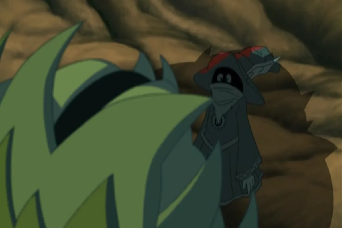 Orko hides in the shadows behind Evil Seed's leafy shoulder